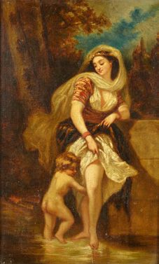 Narcisse DIAZ DE LA PENA (Bordeaux 1807-Menton 1876) Mère et son enfant au bain Toile.
Porte...