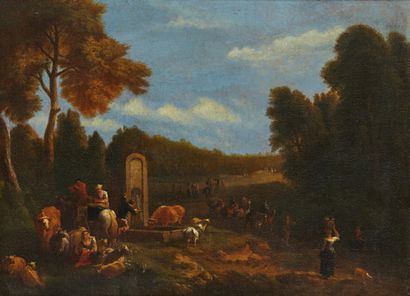 École FLAMANDE, vers 1680 Bergers et leurs troupeaux dans un paysage
Toile.
Dim.:...
