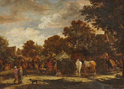 Attribué à Salomon ROMBOUTS (1652-1702) Scène de marché sur une place de village
Panneau...