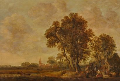 Aernout van der NEER (Gorinchem 160-Amsterdam 1677) Paysans à l'entrée d'un village
Panneau...