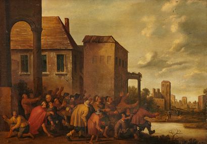 Joost Cornelis DROOCHSLOOT (Utrecht 1586-1666) Scène de village
Toile.
Signée et...