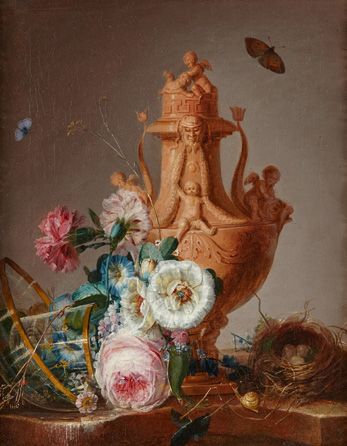 Attribué à Anne VALLAYER COSTER (1744-1818) Vase, fleurs et nid d'oiseaux et fleurs...