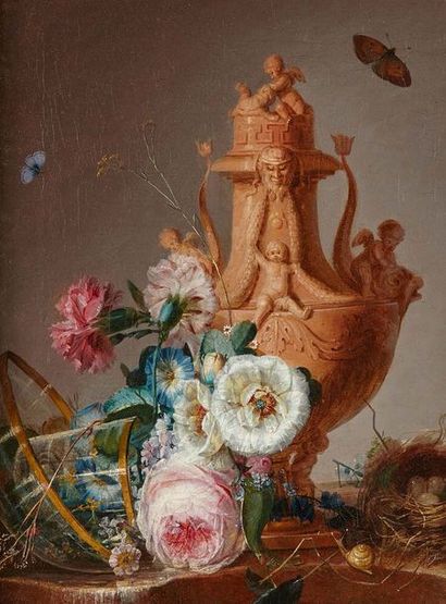 Attribué à Anne VALLAYER COSTER (1744-1818) Vase, fleurs et nid d'oiseaux et fleurs...