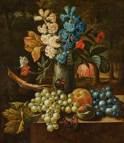 H. MULLER (actif au XIXe siècle) Vase de fleurs et fruits
Panneau de chêne, une planche,...