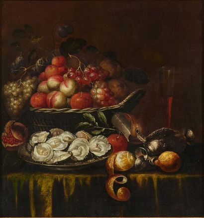 Ecole flamande de la deuxième moitié du XVIIe siècle Panier de fruits, huitres et...