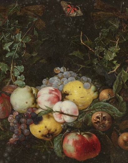 Jan van KESSEL (Anvers 1626-1679) Guirlande de fruits et papillons
Toile.
Signé en...