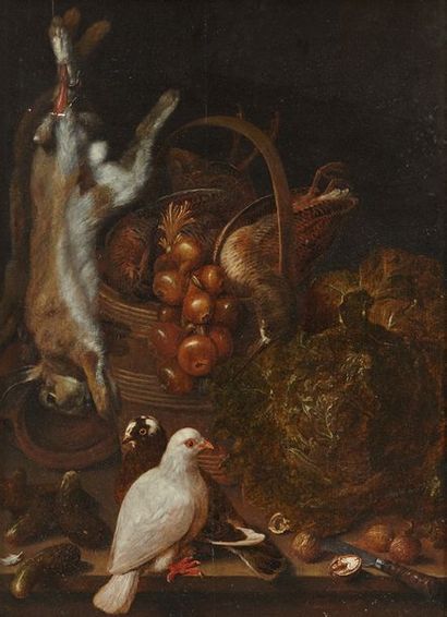 Jacques van de KERCKHOVEN (Anvers 1636-Venise 1712) Lièvre, oiseaux et choux sur...