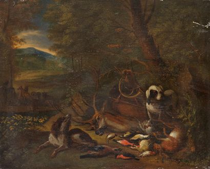 Attribué à Adrian de GRYEF (1657-1715) Le retour de la chasse
Panneau de chêne, une...