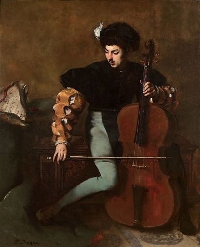 Ferdinand ROYBET (Uzès 1840-Paris 1920) Le joueur de violoncelle Toile.
Signée en...