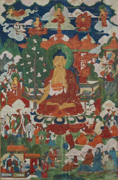 TIBET Exceptionnel thangka sur soie représentant Amitayus assis en dhyanasana sur...