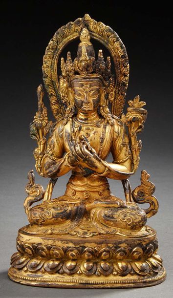 NEPAL ou ART SINO-TIBETAIN Figurine en bronze doré représentant Sadaksari assis en...