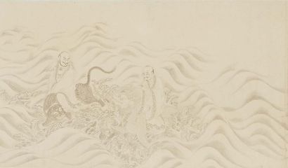 CHINE Important et long rouleau comportant un dessin à l'encre marouflé sur tissu...