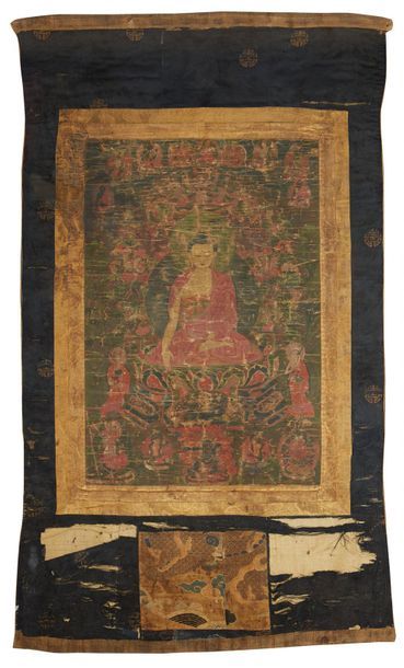 HIMALAYA ou TIBET Thangka peint sur soie représentant Amitayus assis en dhyanasana...