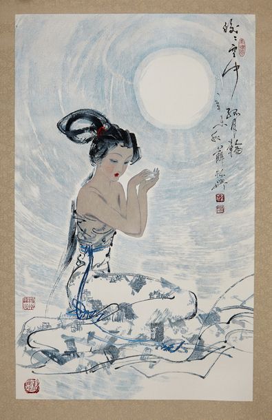 CHINE Deux rouleaux horizontaux l'un brodé d'une femme assise devant la lune. Le...
