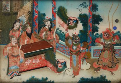 CHINE Deux peintures en fixé sous verre représentant des scènes de palais avec personnages...