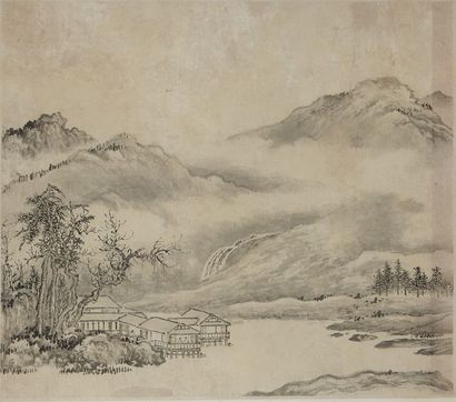 CHINE Paire d'aquarelles au lavis représentant un paysage lacustre. Une comporte...