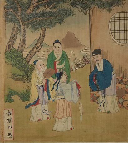 CHINE Deux peintures sur soie, encre et couleur représentant des scènes animées de...