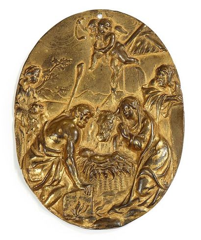 null Plaque ovale en bronze doré figurant une scène de Nativité.
XVII-XVIIIe siècles.
Dim.:...