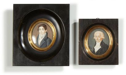 null Deux miniatures
Ecole française vers 1795.
Portrait d'homme en habit gris.
Miniature...