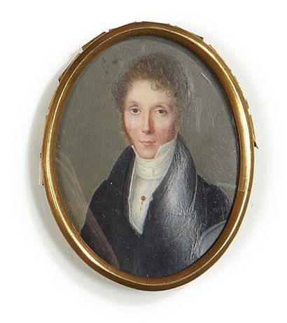 École FRANÇAISE vers 1810 Portrait d'homme à la redingote bleue.
Miniature ovale.
H.:...