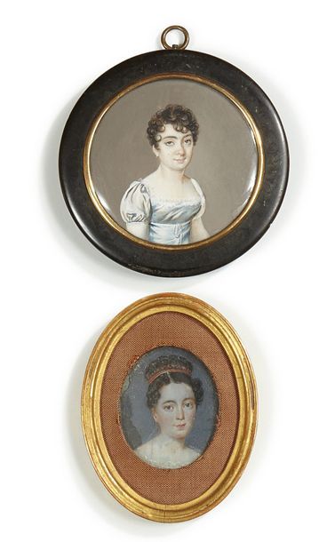 null Lot de deux miniatures
Ecole française vers 1810
Portrait de femme à la robe...