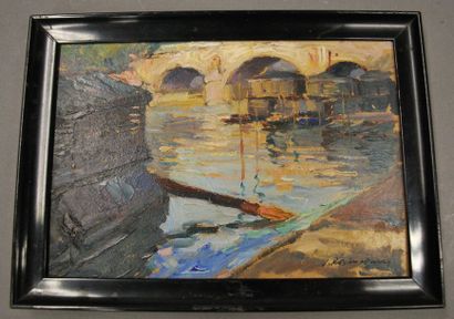 Vladimir ROZMAINSKI (1885-1943) Bateau lavoir sur la seine à Paris.
Huile sur carton...