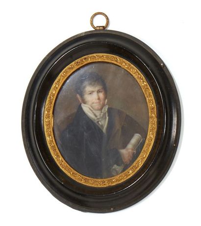 ECOLE FRANCAISE VERS 1805 Portrait d'un compositeur en habit bleu et capote brune...