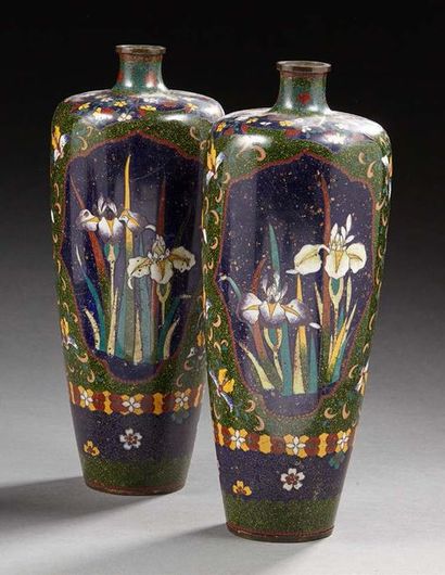 JAPON Paire de vases ovoïdes terminés par un col étroit en bronze cloisonné à motif...