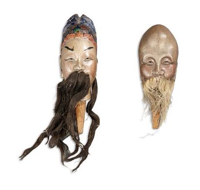 CHINE Deux têtes amovibles en bois sculpté, l'une portant une coiffure laquée en...