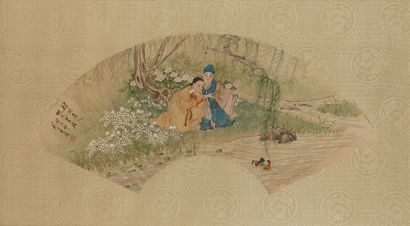 CHINE 
nsemble de deux éventails:
LIU DANZHAI (1931-2011)
Gouache peinte sur éventail...