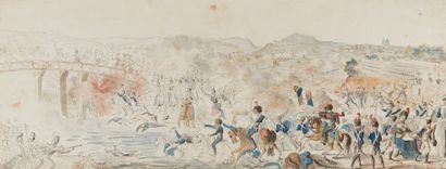 PAUL HUET (PARIS 1803-1869) Bataille sur un pont de l'Elster
Plume et encre noire,...
