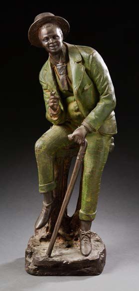 FARNSWORTH Sculpture en métal polychrome représentant un homme de couleur assis à...