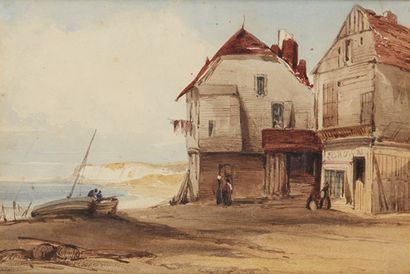THOMAS SHOTTER BOYS (1803-1874) Maisons et bateaux près du rivage
Aquarelle signée.
Dim.:...