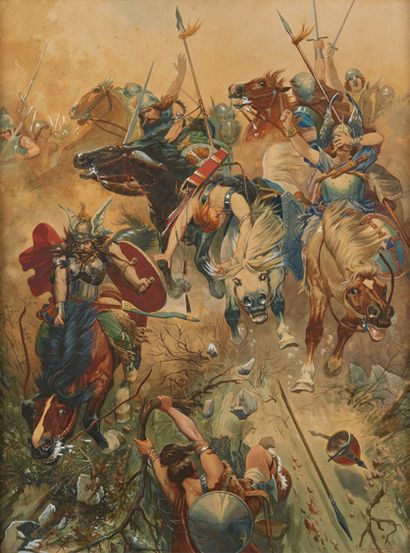 Jef Van Leemputten (1865-1948) Scène de bataille à l'époque des Barbares
Aquarelle...