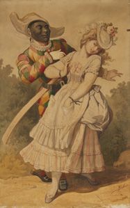 BELIN Polichinelle, Femme et Arlequin
Paire d'aquarelles.
Dim.: 69 x 44 cm