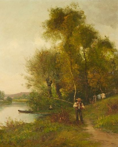 BRISSOT DE WARVILLE (1818-1892) Pêcheur à la barque
Huile sur toile.
Cadre à palmettes...