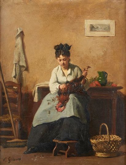 Victor GILBERT (1847-1933) Paysanne en cuisine
Huile sur toile signée.
Dim.: 40 x...