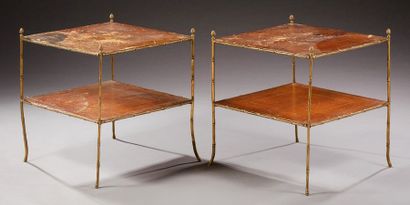 Maison BAGUÈS Paire de tables basses à structure façon bambou en bronze doré enserrant...