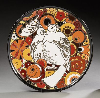 JACQUES ADNET (1900-1984) POUR LUSCA FRANCE Plat en céramique émaillée à décpr d'oiseaux...