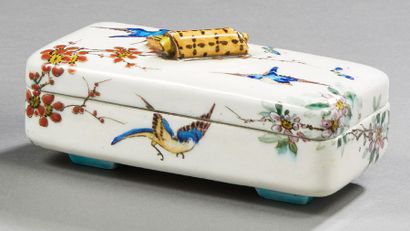 Théodore DECK (1823-1891) Boîte couverte en céramique émaillée polychrome à décor...