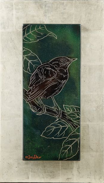 GASTON SUISSE (1896-1988) Panneau rectangulaire en bois laqué vert à décor gravé...