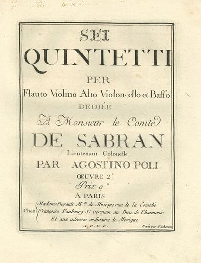 POLI Agostino Sei Quintetti per Flauto Violino Alto Violoncello et Basso dédiée A...