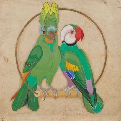 Pierre THIRIOT (1904-1991) 
Couple de perroquets
Technique mixte sur papier
Signée...