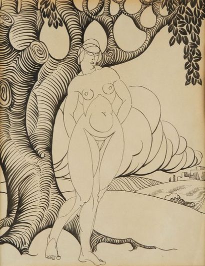 H.H TRIBOUT (1884-1962) 
Etude de nu dans un paysage
Encre sur papier
Dim.: 25,5...