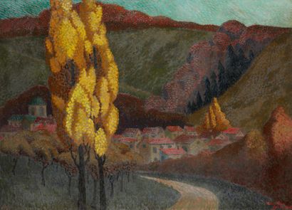 Marcel GUILLARD (1896-1962) 
Vue de village dans la forêt, 1921
Huile sur toile Signée...