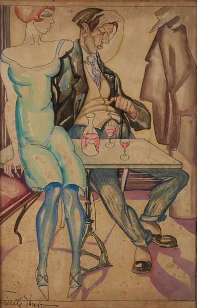 Emile GRUB (1893-1983) 
Couple au café
Aquarelle et crayon sur papier
Signée en bas...