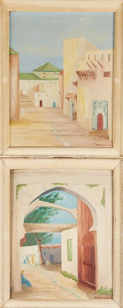 FERRANDO Paysages orientalistes, 1946 
Lot de deux huiles sur isorel
Signées en bas...