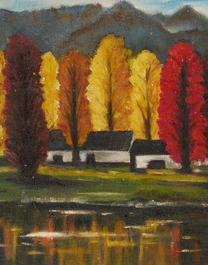 LIN FENGMIAN (1900-1991) 
Paysage d'automne au lac, vers 1961
Huile sur toile contrecollée...
