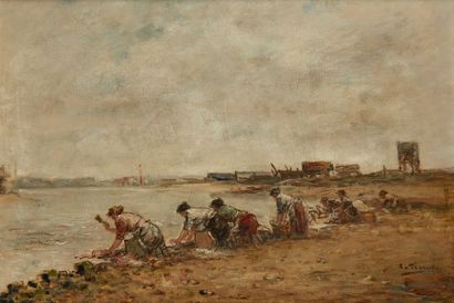Charles-François PECRUS (1825-1907) 
Les lavandières au bord de la Touques
Huile...