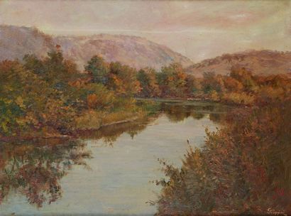 Francesco Filippini (1853-1895) 
Le lac et les montagnes
Huile sur panneau Signée...
